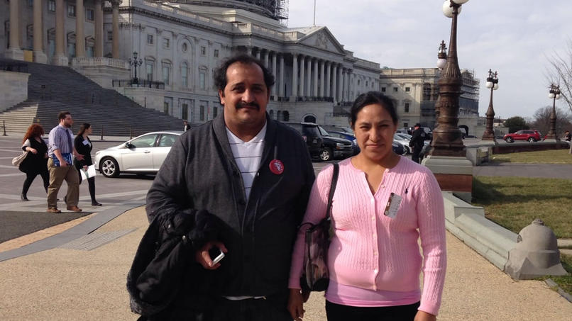 Twin Cities workers Abraham Quevedo and Leticia Zuniga spoke at a Washington, D.C., news conference promoting legislation to prevent wage theft. Photo courtesy of CTUL.