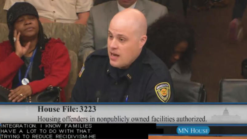 Joe Broge, a corrections officer at Stillwater prison, spoke against legislation that would reopen a for-profit prison. Photo captured from Minnesota House video