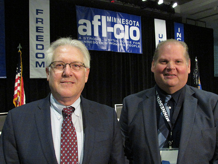 President Bill McCarthy (left) and Secretary-Treasurer Brad Lehto following their election. Photo by Steve Share/Minneapolis Labor Review  