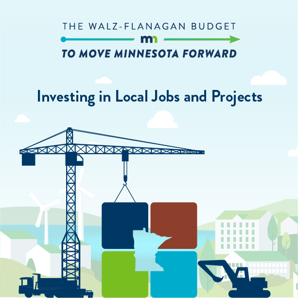 Text: The Walz Flanagan Budget to Move Minnesota Forward, Investing in Local Jobs & Projects. Image: Large crane holding up a square with Minnesota in the middle with a truck on the left and backhoe on the right.