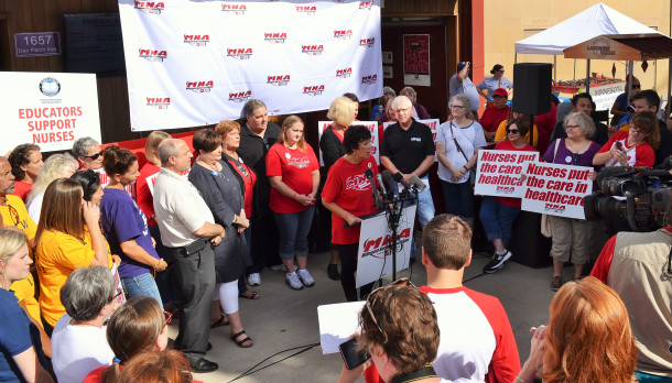 MNA Executive Director Rose Roach announces nurses have notified Allina that their open-ended strike will begin on Labor Day. Union Advocate Photo