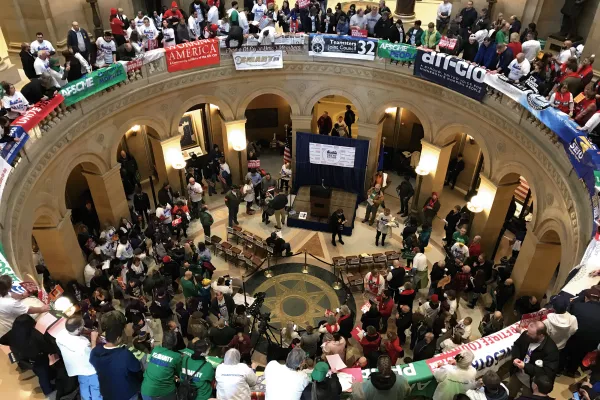 Photo of the Capitol Rotunda filled with union members.