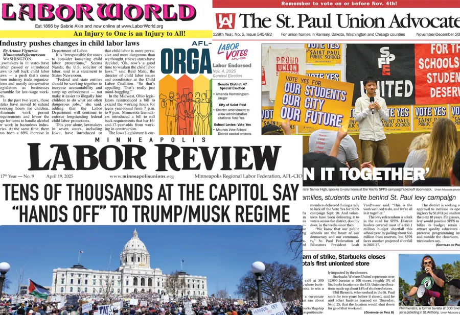 A collage of Minnesota's three Labor newspapers.