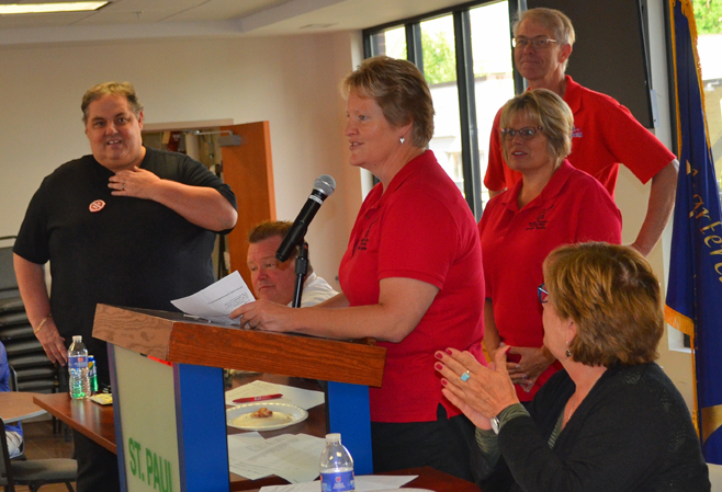 Barb Swenson, a German teacher in the North Branch Area Schools, thanked delegates to the St. Paul Regional Labor Federation for their support in the successful referendum campaign.